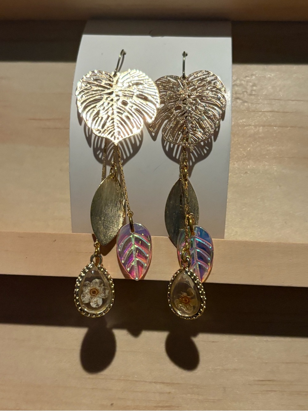 Handmade Gold Leaf Drop Earrings with Pink-Blue Accent Leaves